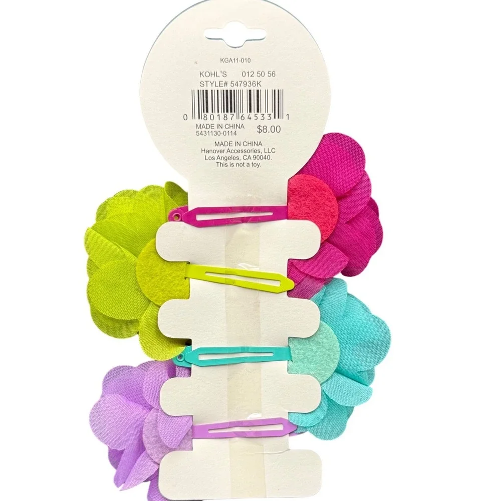 Girls Flower Hair Clips 4 Pack‎ Chiffon Floral Snap Barrette Pink Blue Green